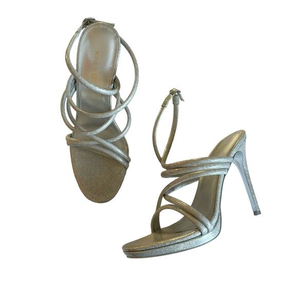 Nine West Women’s Loomay Silver Glitter Sparkle Strappy Open Toe Stiletto Size 9 - Picture 2 of 7